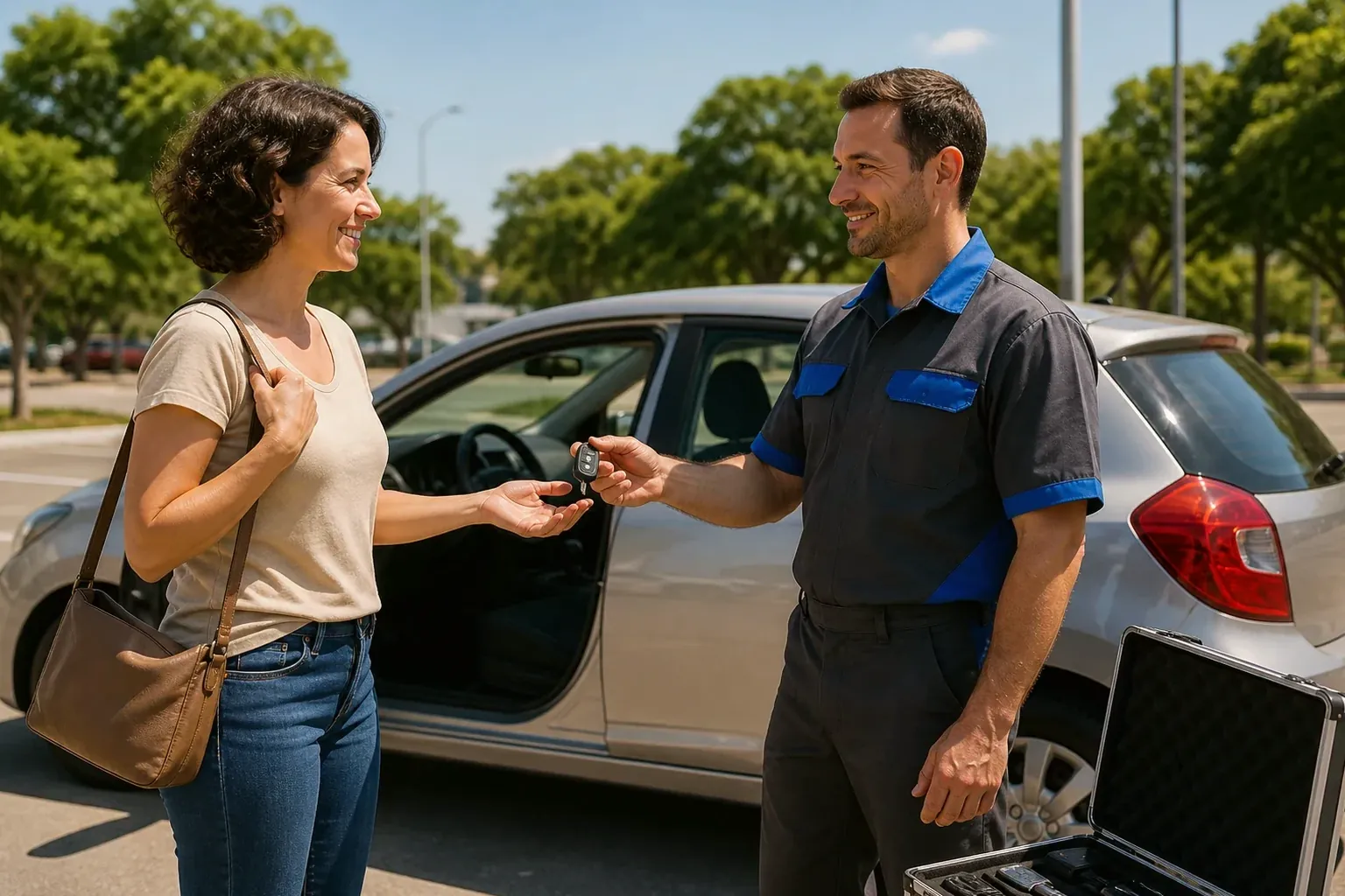 Chaveiro abrindo um carro utilizando ferramentas específicas para automóveis.