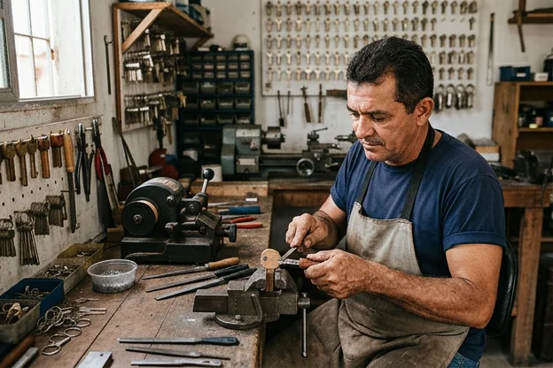 Chaveiro fabricando cópias de chaves com materiais sustentáveis.