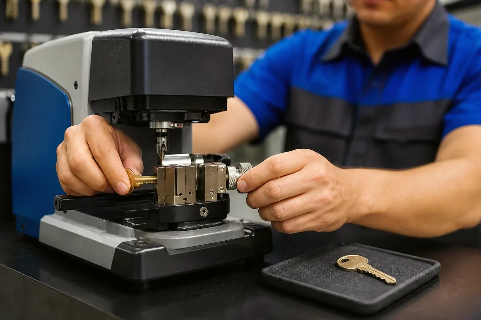Chaveiro fabricando cópias de chaves em uma máquina de duplicação.