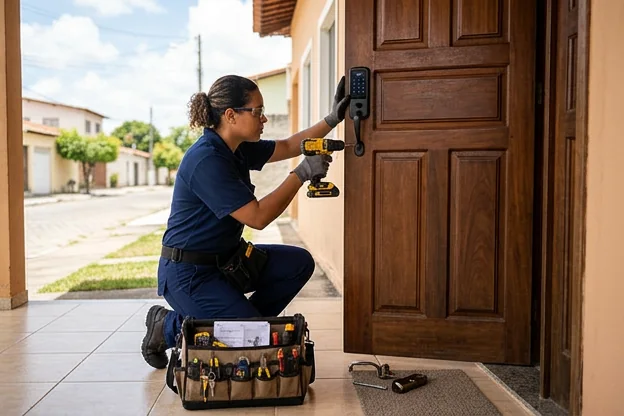 Chaveiro instalando uma fechadura digital em uma residência.