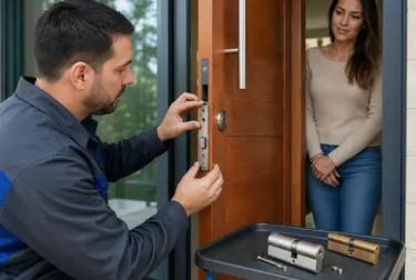 Chaveiro substituindo uma fechadura em uma porta residencial.