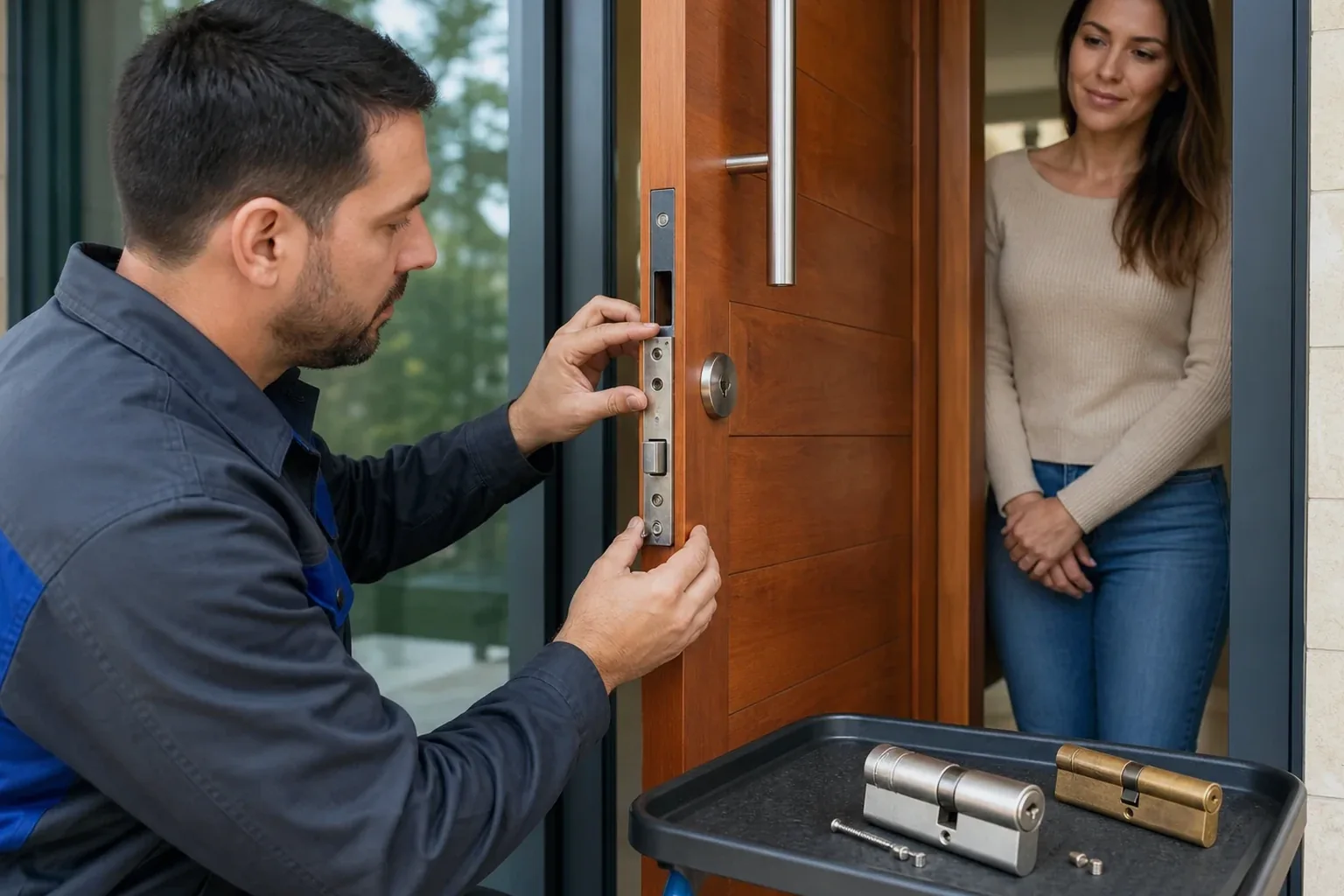 Chaveiro substituindo uma fechadura em uma porta residencial.